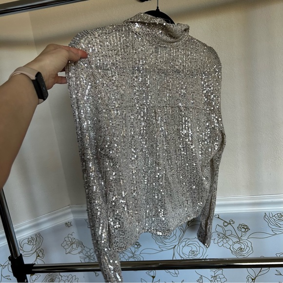 Boxy sparkle sequined button up blouse shirt silver nwot - Picture 4 of 5